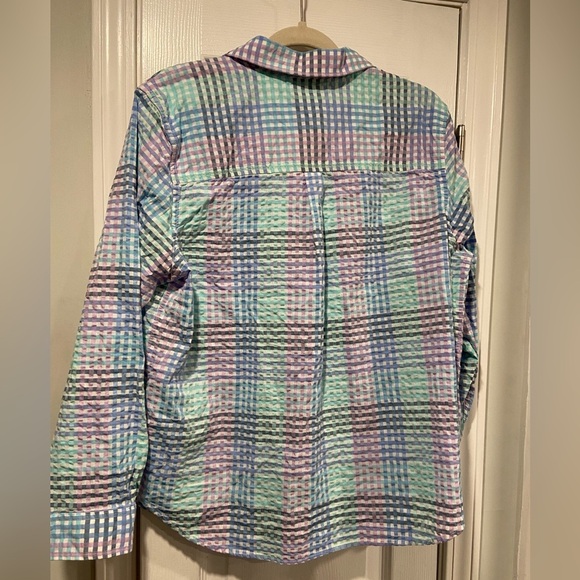 L.L. Bean Size LP Pastel Plaid Long Sleeve Button Down Seersucker Cotton Shirt - Picture 5 of 11